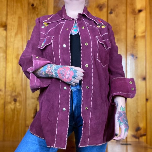 Vintage Jackets & Blazers - VINTAGE Suede Leather w/Mushroom and Floral Embroidery Jacket